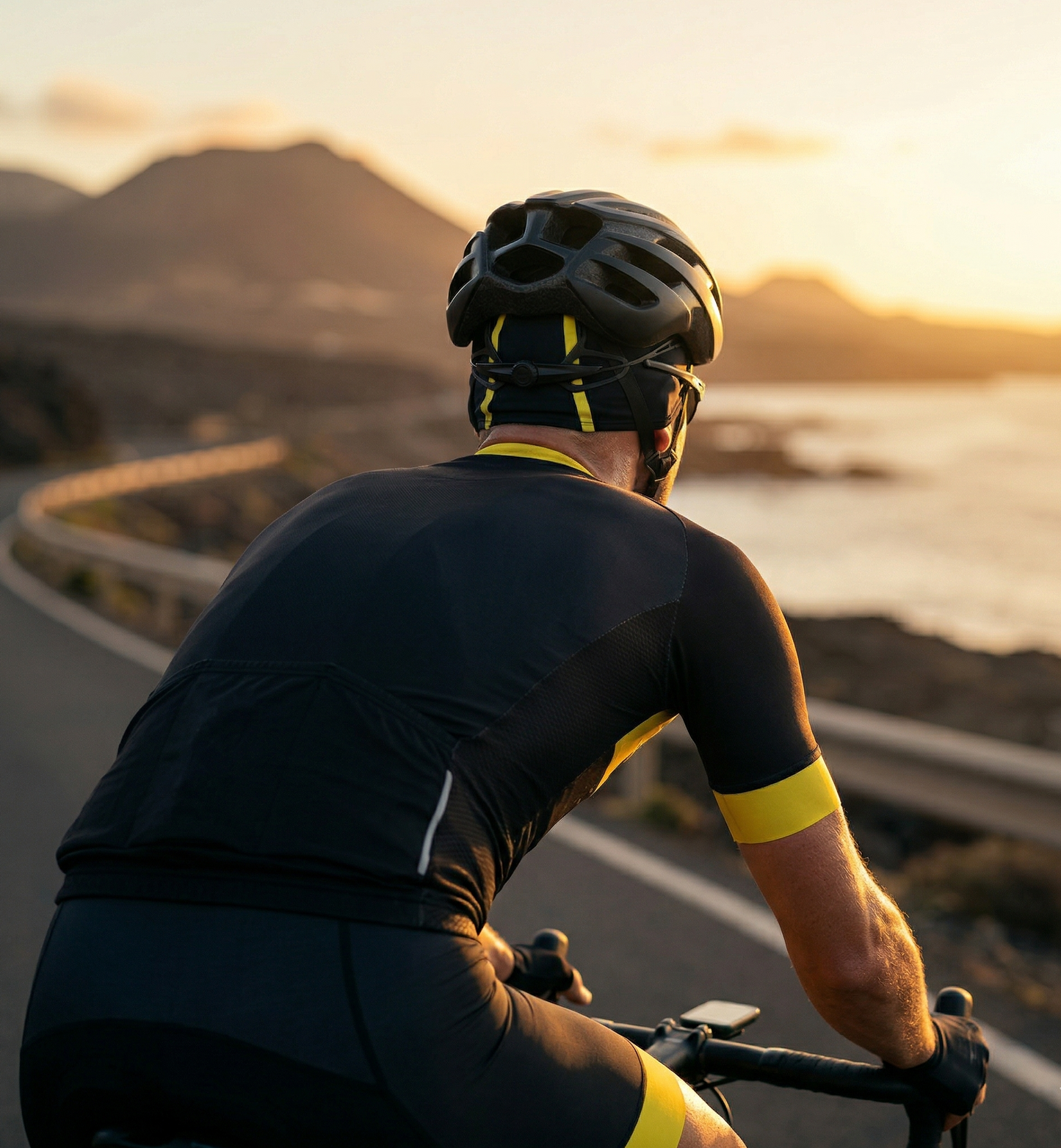 Pack Duo VULKAAN - ciclista con sotocasco LUX en carretera costera de Canarias