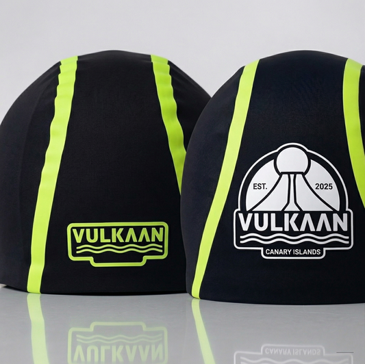Pack Duo VULKAAN - dos sotocascos técnicos vista frontal y trasera con logo Vulkaan Canary Islands